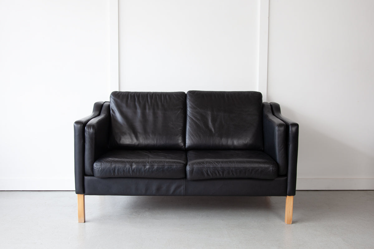 Danish Black Leather Two-Seater Sofa