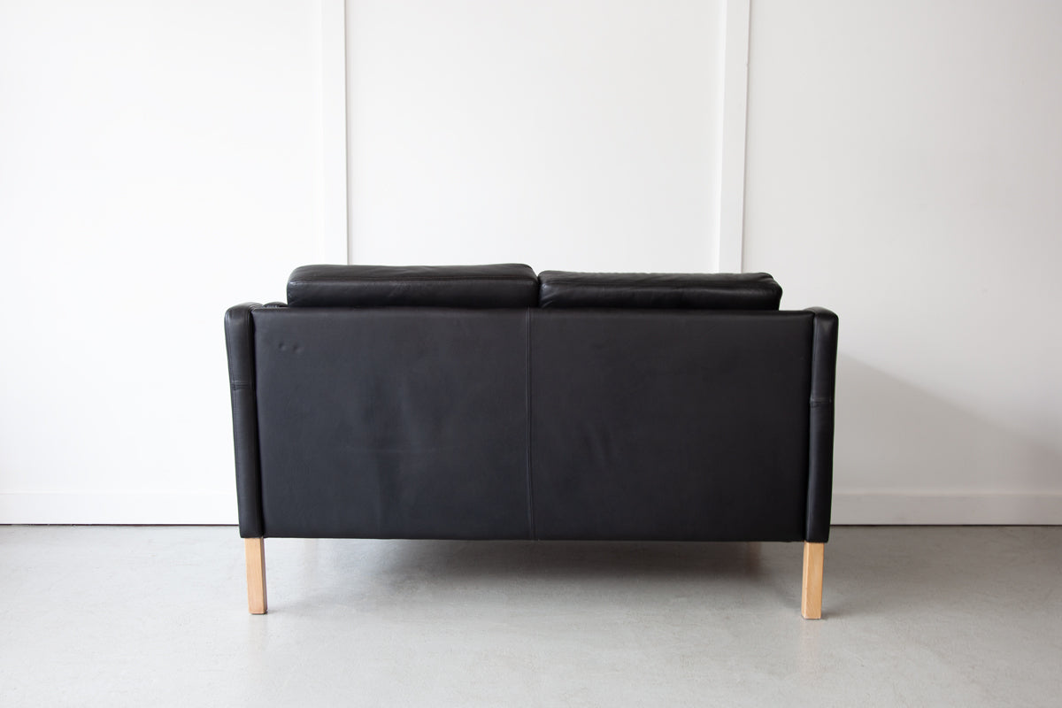 Danish Black Leather Two-Seater Sofa